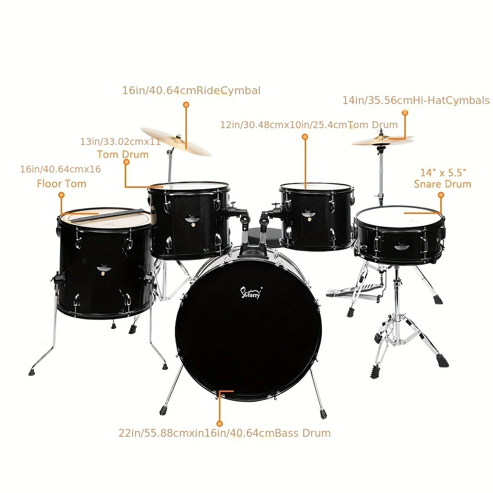 Glarry Full Size Adult Drum Set 5-Piece Black With Bass Drum, Two Tom Drum, Snare Floor Tom, 16" Ride Cymbal,