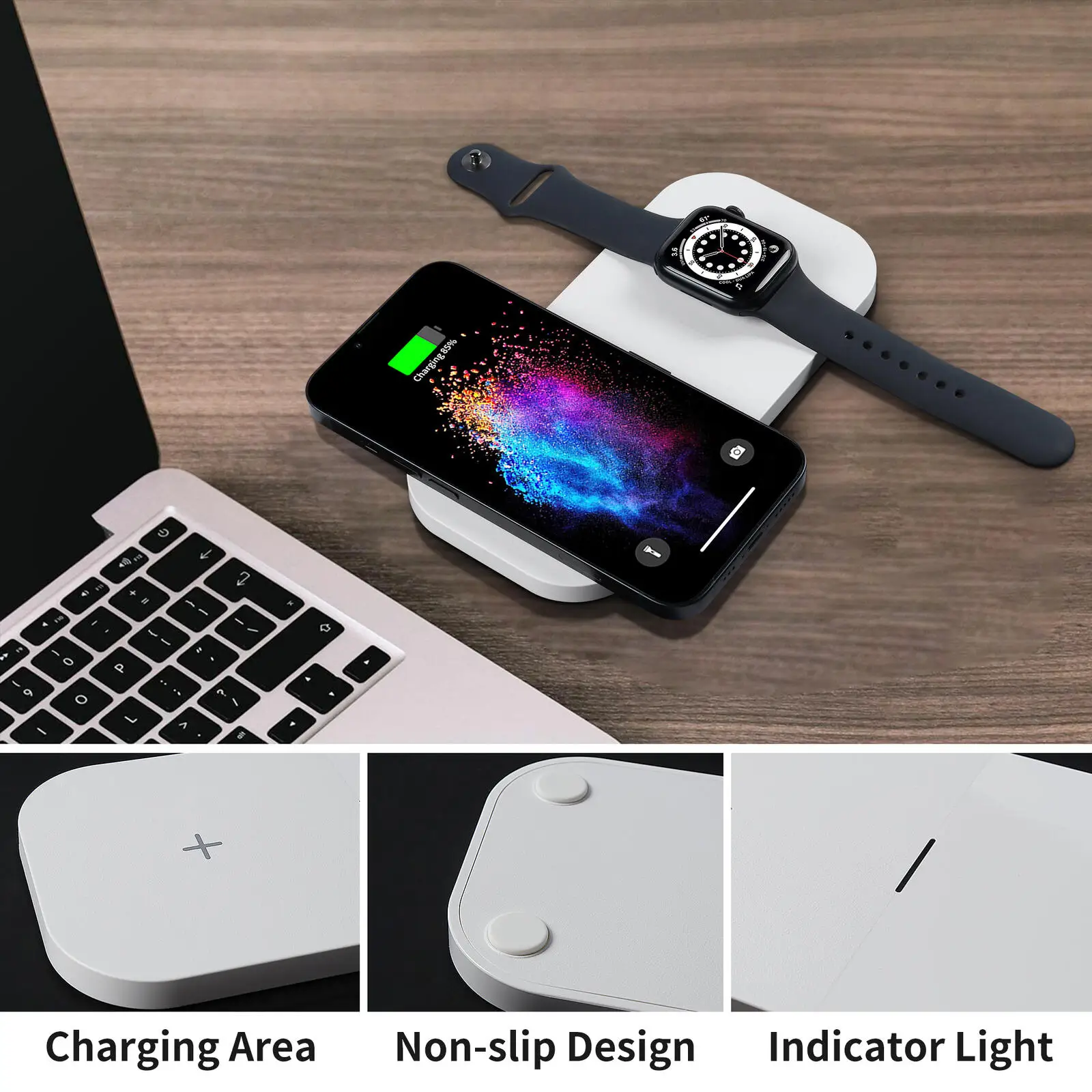 2-in-1 무선 충전 패드 18W QC3.0 고속 충전기 수면 친화적인 표시등 초슬림 휴대용 (휴대폰, 에어팟, 스마트워치용)
