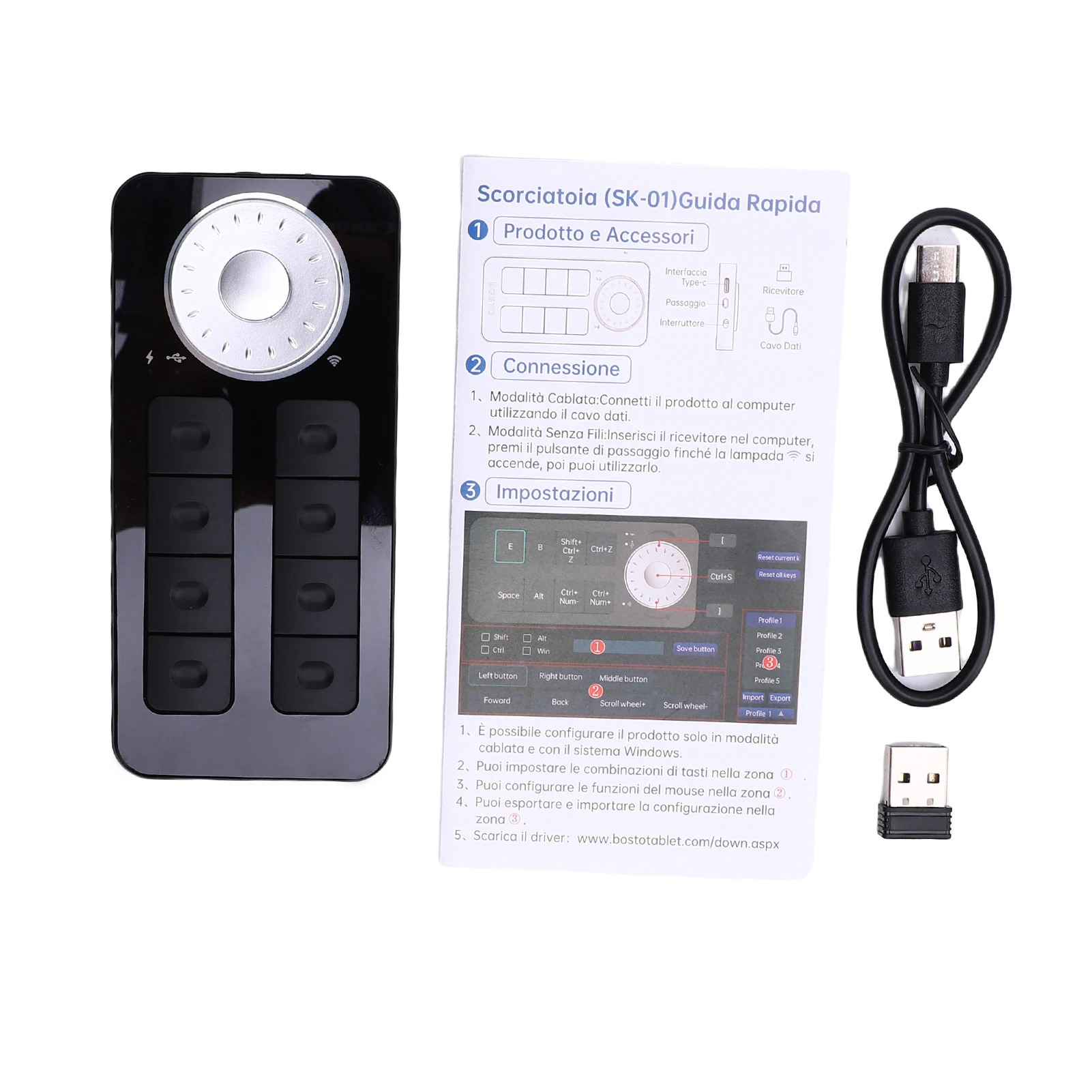 BOSTO Samrtkey for Graphics Tablet Digital Pad 8 Quick Keys and Multifunctional Dial Support 2.4G/ USB-C for Win 7 for MacOS PC