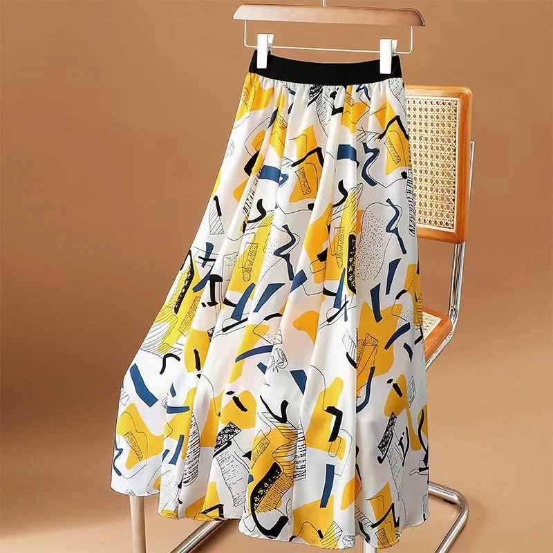 

Floral Print Chiffon Maxi Skirt Women With High Waist 2022 Spring Summer Ladies White Black Long Pleated Skirt Female