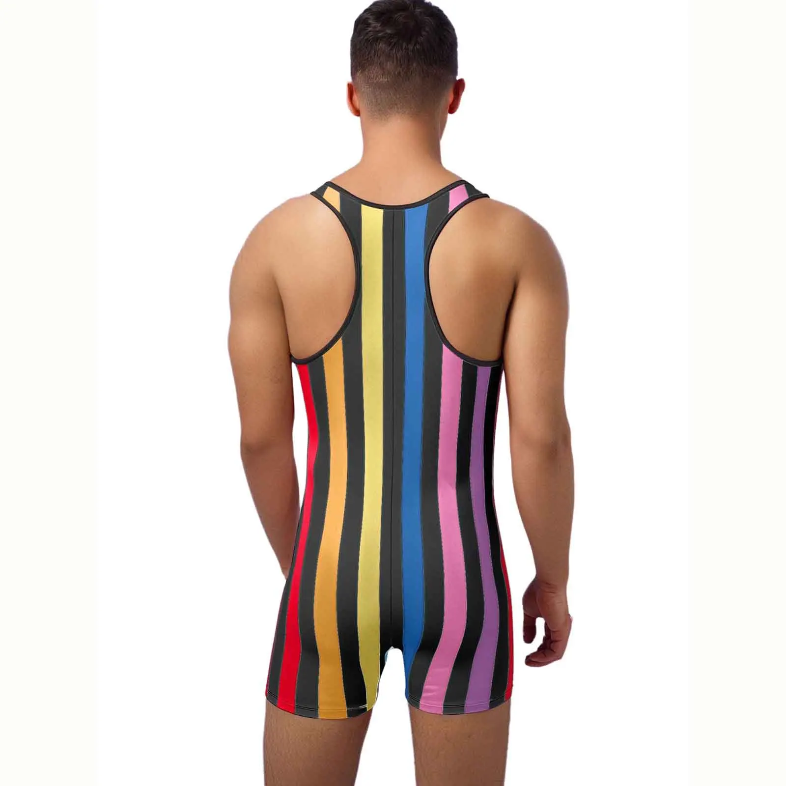 Gestreifter Wrestling-Singlet-Badeanzug für Herren, einteilige sportliche Badebekleidung, schmale Passform, Boxershorts, Rompers, Bodybuilding-Gym-Bodysuit – Detail 26