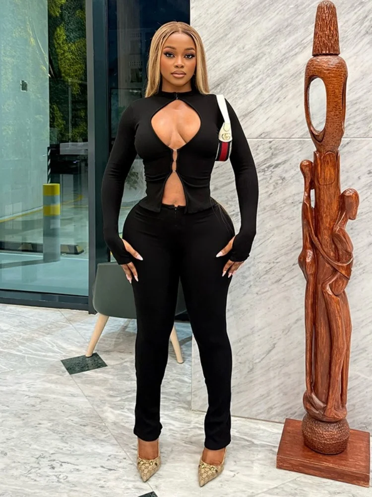 Wmstar Two Piece Sets Wholesale Sexy Tight Pants Sets with Hollowed Out Hook Button Top Zipper Pants and Trousers Drop Shopping