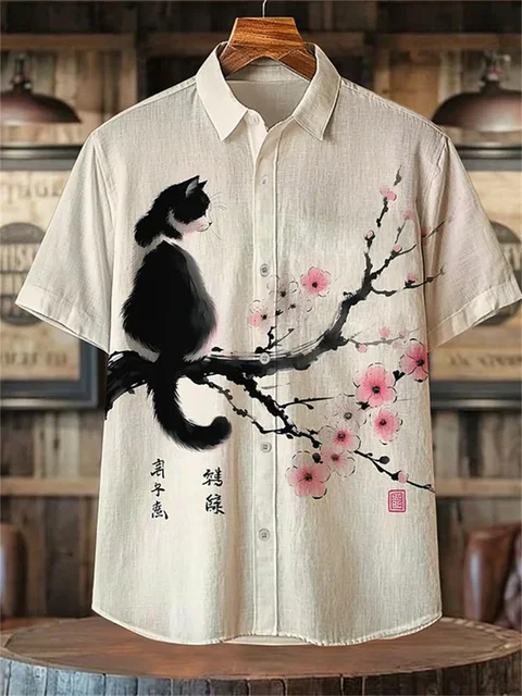 Men's cat print casual short-sleeved shirt, breathable and loose collared shirt, summer beach vacation style printed top. 1