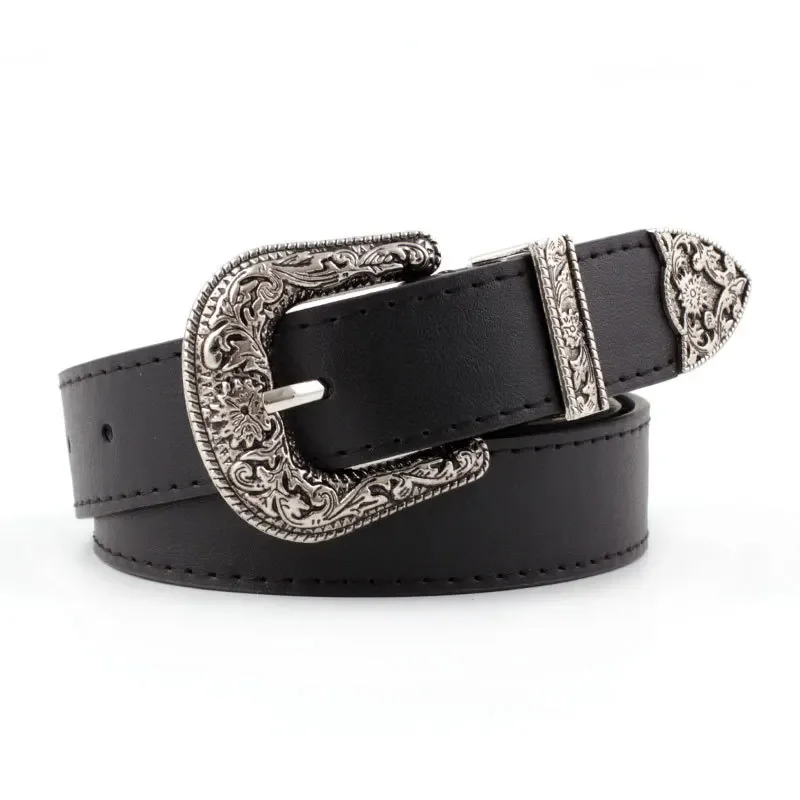 New Women Black Leather Western Cowgirl Waist Belt Metal Buckle Waistband New Hot Belts for Women Luxury Designer Brand Present