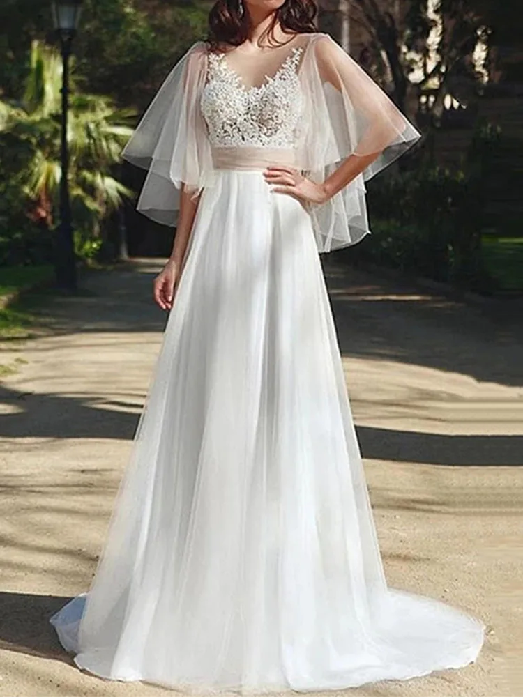

Short Shawl Bride Dress 2022 O-Neck Backless Lace Up Wedding Dress Vintage Appliques Tulle Sweep Train Vestido De Novia