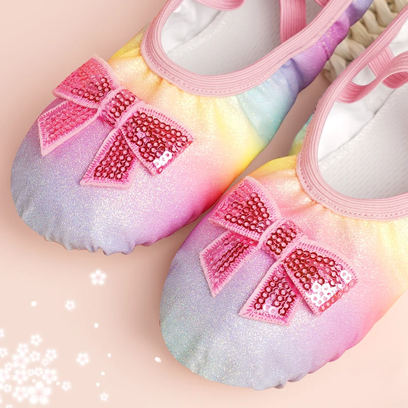 Girls Ballet Shoes Kids Bow Ballet Slippers Soft Soled Dance Shoes Iridescent Sequins Toddler Flats