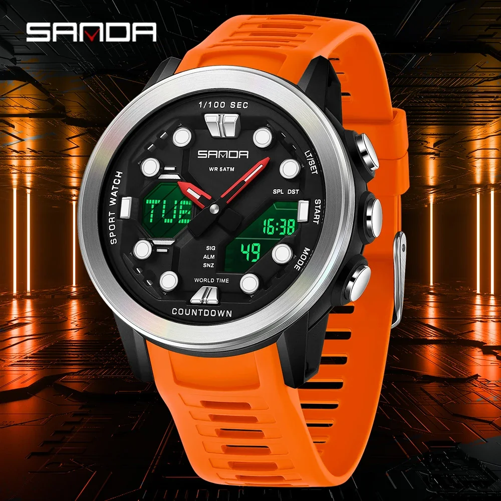 Sanda 3392 Fashion Men's Electronic Dual Screen Sports Multi functional Luminous Waterproof Calendar Men's Watch 2026