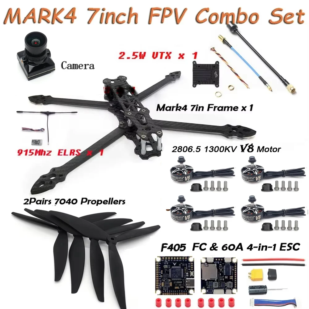 MARK4 7인치 카본 파이버 프레임 키트 2807 브러시리스 모터 F405 FC 60A ESC 7040 프로펠러 2.5W VTX 카메라 7인치 FPV RC 드론 DIY용