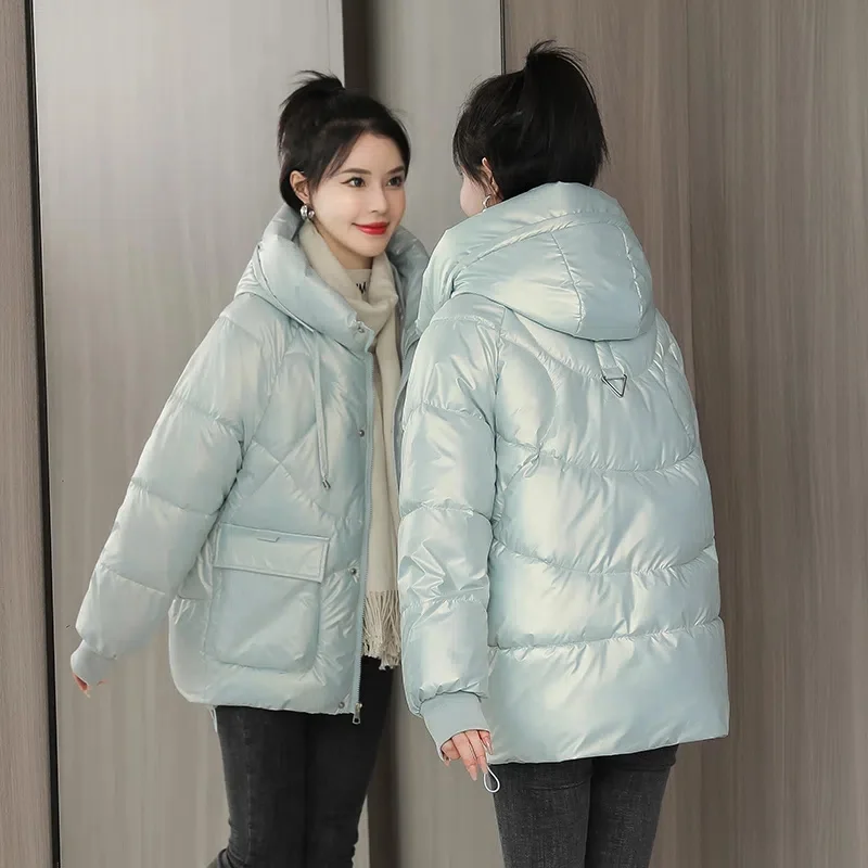 

Женская зимняя блестящая стеганая куртка, новинка 2023, зимнее хлопковое пальто, женские теплые толстые парки, пальто с капюшоном, верхняя одежда, свободное зимнее пальто