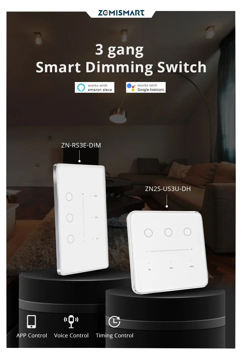 Zigbee Dimmer Switch 3 Gang Wall Light Switch Touch Panel Percentage Adjustment
