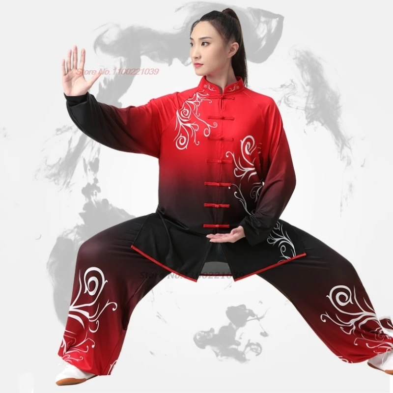 chinese tai chi uniform gradient color flower print martial arts training exercise clothing wingchun wushu kungfu uniform