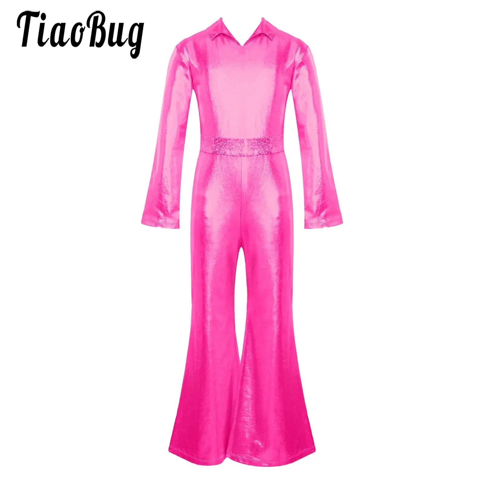 

New Kids Boys Girls Disco Dance Jumpsuit Retro Metallic Shiny Long Sleeve Bell-Bottomed Leotard Romper Stage Performance Costume