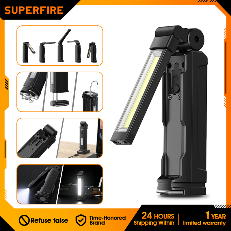SUPERFIRE G16-S COB LED Flashlight Rechargeable Work Light with Magnetic Base and Hook Power Bank Torch For Home Outdoor Camping