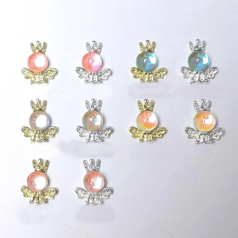 

10Pcs Candy Color Crown Angel Nail Rhinestones 3D Alloy 11*14mm Cute Wing Angel Nail Art Charms Aurora Stone Nail Decorations