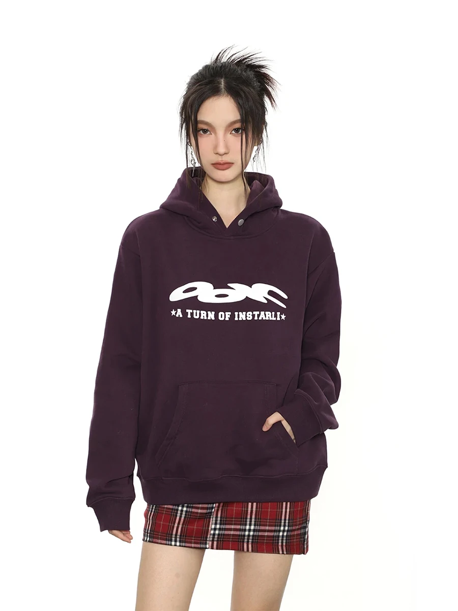 2023 Winter Women's Vintage Long Sleeve Letter Print Sweatshirts American Retro Hooded Warm Female Fashion Loose Fit Top