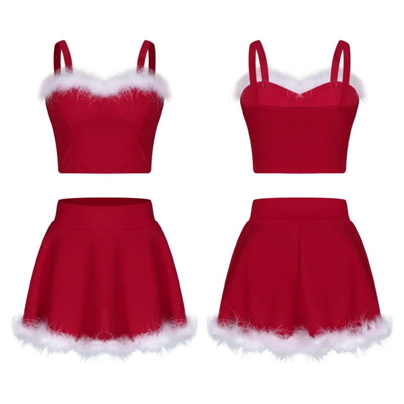 

Women Christmas Santa Claus Cosplay Outplays Faux Fur Trim Crop Tops with A-Line Mini Skirt for New Year Theme Party