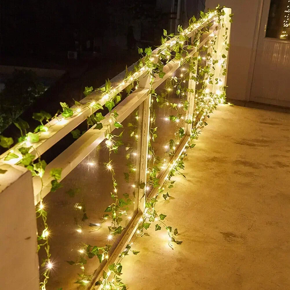 Battery Powered LED Silk Leaves Fake Creeper Green Leaf Ivy Vine LED String Light Garden Yard Hanging Garland Artificial Plants