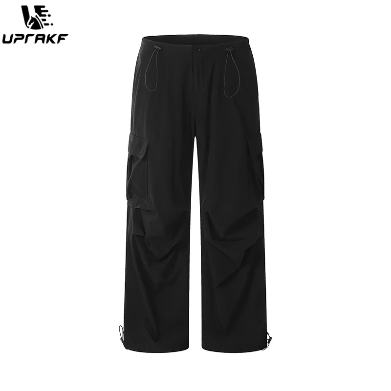 UPRAKF Drawstring Trousers Comfort Casual Side Pocket Autumn Pantalones Solid Color Safari Style Pleated Loose Straight-leg