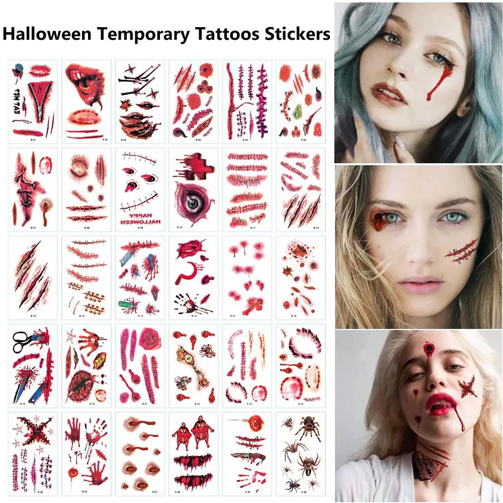 For Masquerade Nail Tips Waterproof Body Art Stickers Water Transfer Slider Temporary Tattoos Stickers Halloween Horror Scars
