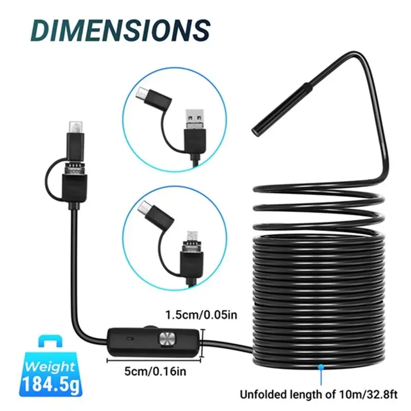 배관 내시경 자동차 내시경 3 in 1 5.5mmx10m 하수구 산업용 내시경 USB 플렉시블 스네이크 카메라 안드로이드용