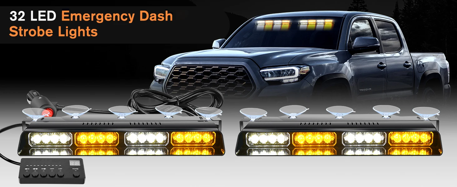 2 in 1 32 LED Car Strobe Lights For Emergency Flash Warning Lamp Windshield Bar Police 26 Modes Amber White Auto Assembly 12/24V