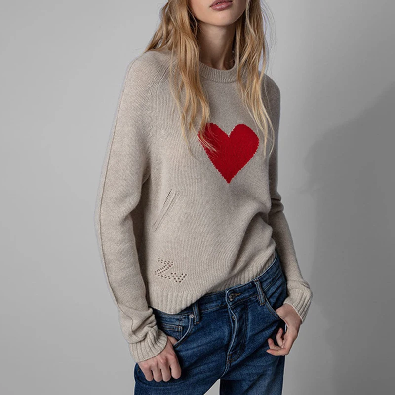 

Zadig Knitted Sweaters Women Khaki O-Neck Heart Embroidery Sweatshirt Female Autumn Winter Long Sleeve Sweaters Pullover Tops