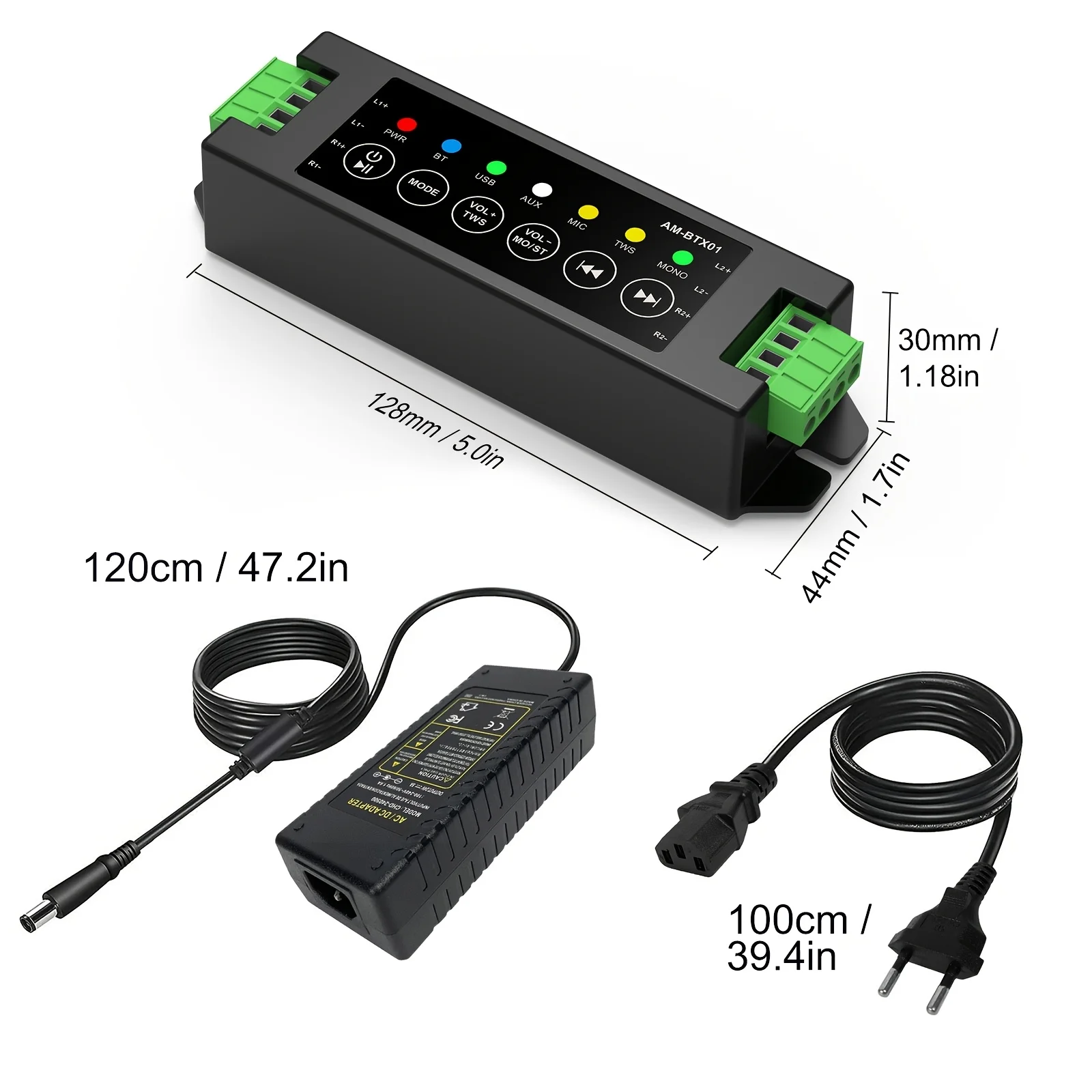 Adaptador de energia herdio com áudio de 4 vias, bluetooth e mini amplificador aux para alto-falantes de teto de parede de banheiro 24v3a plugue ue/eua/reino unido/au