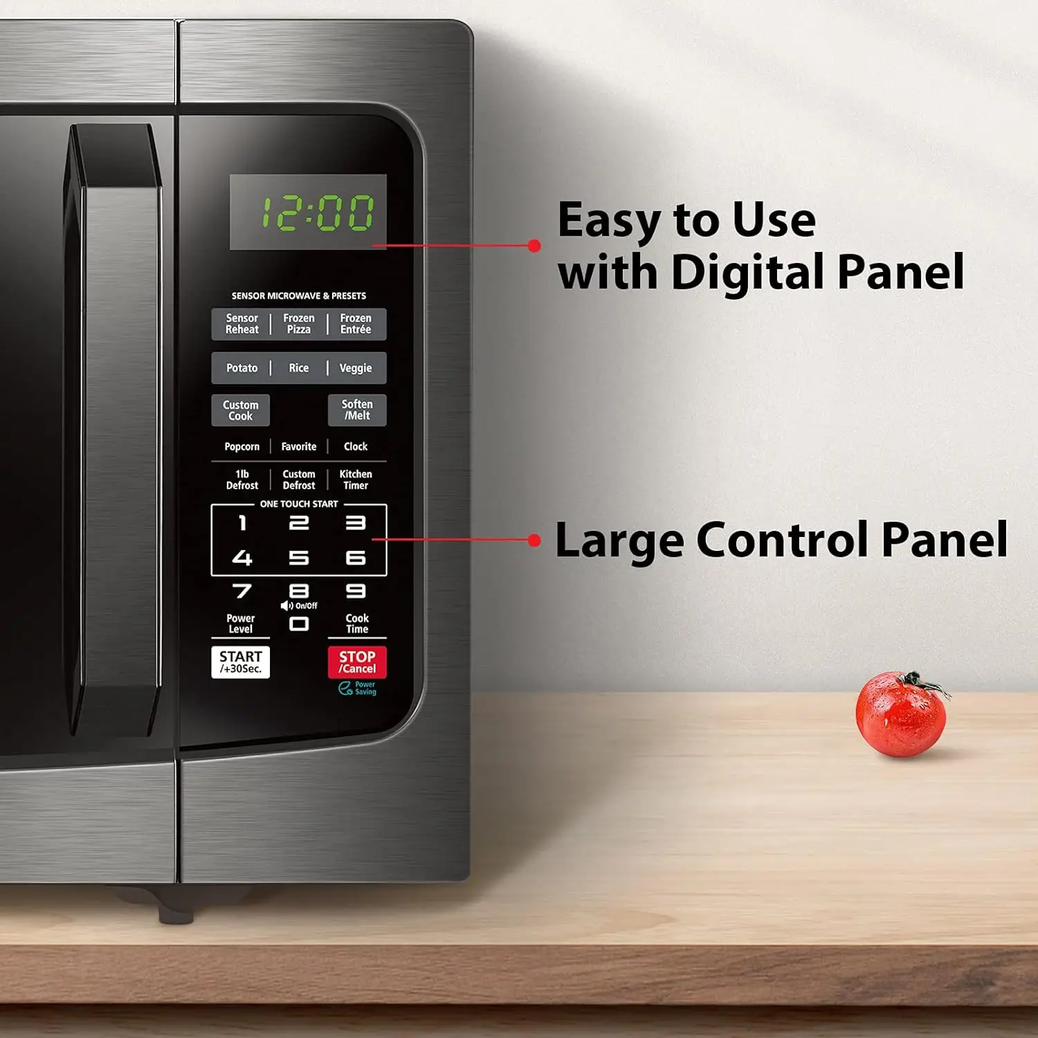 EM131A5C-BS Countertop Microwave Ovens 1.2 Cu Ft, 12.4" Removable Turntable Smart Humidity Sensor 12 Auto Menus Mute Function E