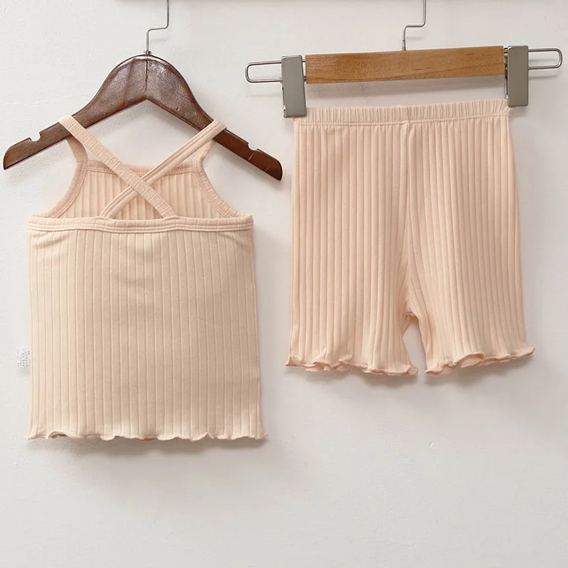 Children's Summer Shorts Set Baby Kids Girls Ribbed Suspender Top + Shorts Tank Cross Vest Striped Shorts Pajamas Clothing Set best Baby Clothing Set