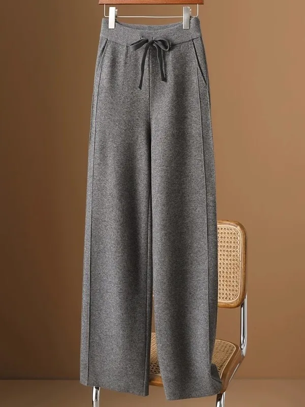 Autumn Winter New Knitted Wool Wide Leg Pants Women's High Waist Casual Straight Cut High End European Sle Faionable Mom ...