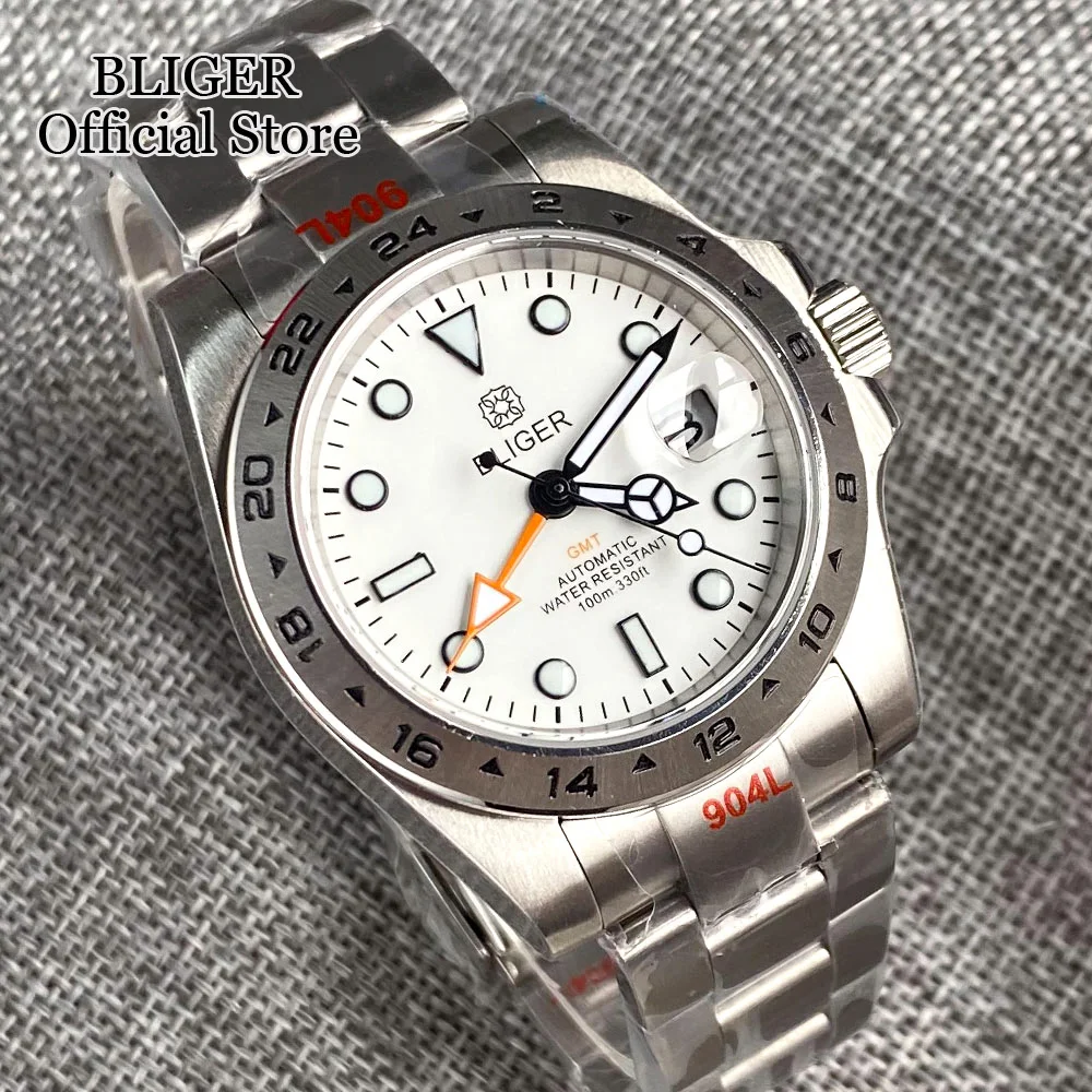 BLIGER White Dial Luminous 39mm Automatic Mens Watch Japan NH34 Movement GMT Brushed Steel Strap Sapphire Glass Screwdown Crown