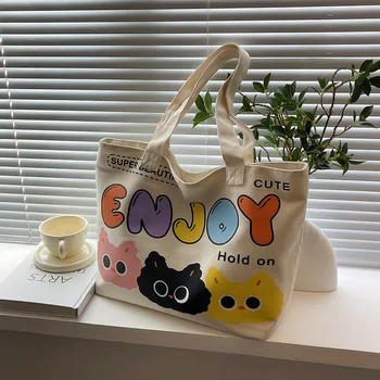 رسالة الكرتون القط نمط حمل حقيبة سعة كبيرة سميكة ارتداء مقاومة حقائب قماش حقيبة يد أنيقة حقيبة كتف المرأة 4