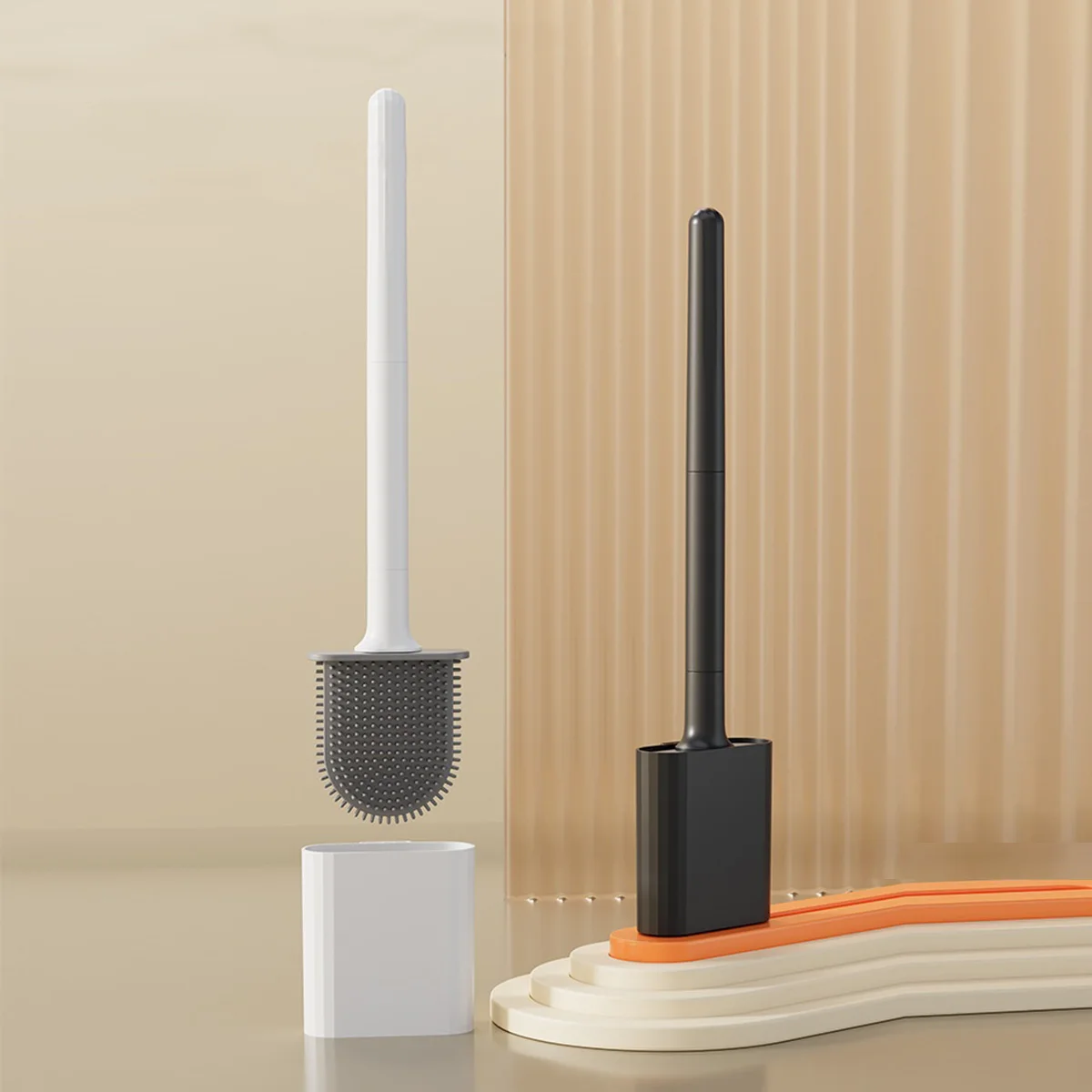 Scopino Per WC In Silicone Piatto Con Supporto – Set Bagno Igienico – Testina In TPR, Base Drenante A Parete O Pavimento