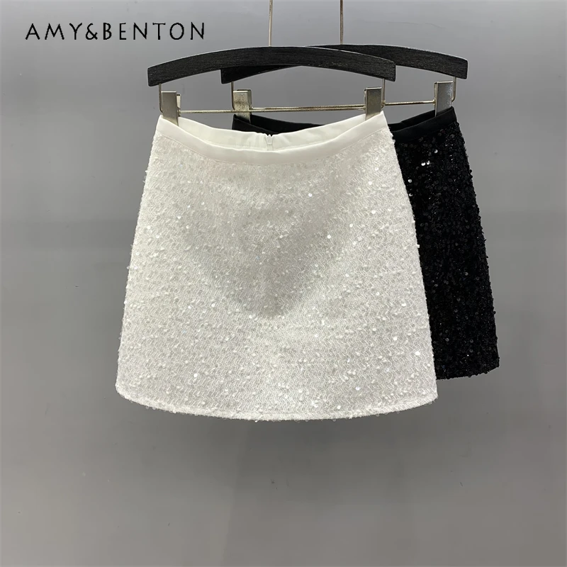 Solid Color Sequined Skirt For Women 2024 Spring Summer New High Waist Zipper A-line Versatile Slimming Anti-Emptied Hip Skirts