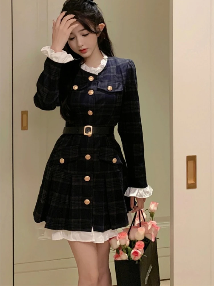 French Vintage Autumn Women Korean Fashion Elegant Party Mini Dress ...