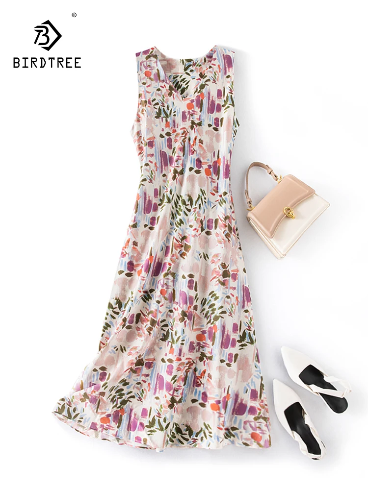 

Birdtree 93%Natural Silk 7%Spandex Oil Painting Style Tank Top Skirt Women's Summer Slim Fit V-Neck Mid length Dress D37968QC