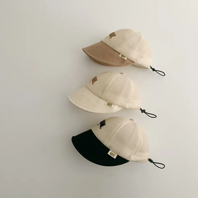 Sombrero de sol de verano para bebé, gorra de malla transpirable de ala grande para niños, visera ajustable para exteriores, letras sólidas para niño y niña_voghion.com