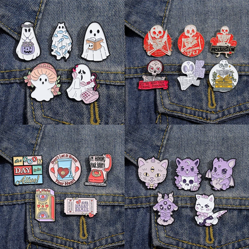 4-5 unids/set Punk gótico esqueleto fantasma Boo esmalte Pin lindo gato broches mochila solapa insignias joyería regalo para niños amigos