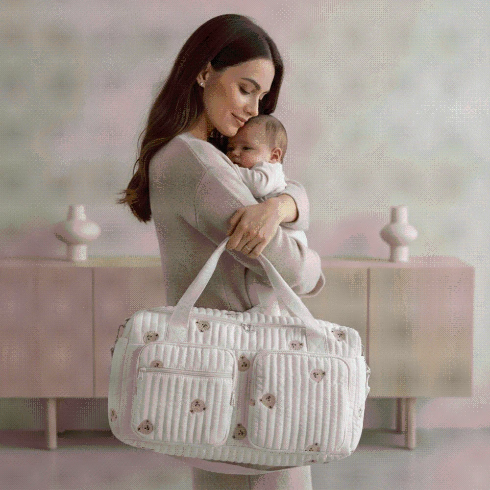 Borsa Tote Ricamata Grande Capacità, Organizer per Pannolini, in Cotone Trapuntato, con Orsetto Carino, Borsa per Mamma con Cerniera, Lavabile, da Viaggio, per Bambini - immagine 4