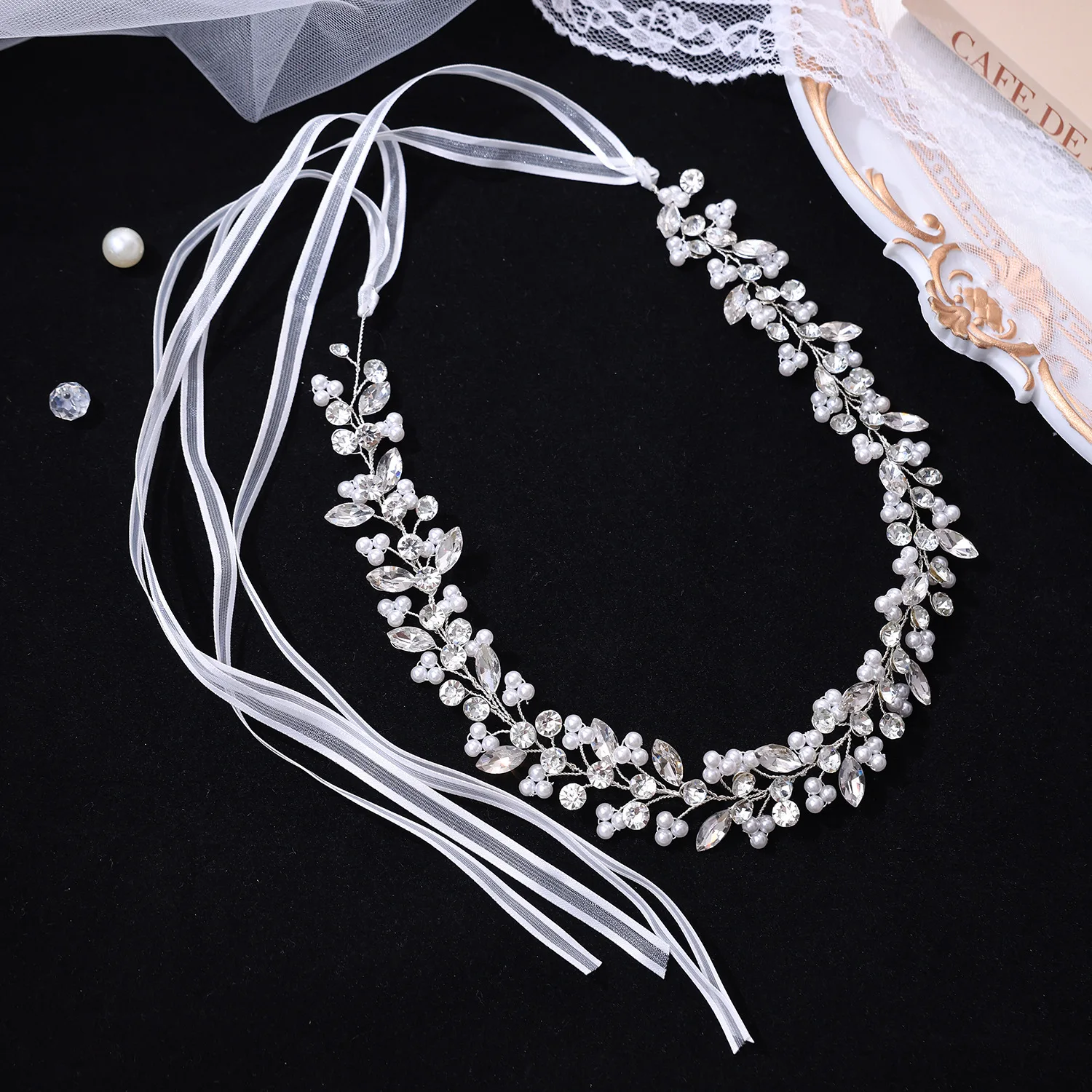 SLBRIDAL 핸드메이드 트렌디 크리스탈 라인스톤 진주 브라이덜 헤어밴드 웨딩 헤어 악세사리 여성 들러리 헤드드레스 쥬얼리