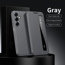 Luxury PU Leather Full Protective Phone Cover with Smart Window and Sleep/Wake Feature for Galaxy A56 (GRAY)