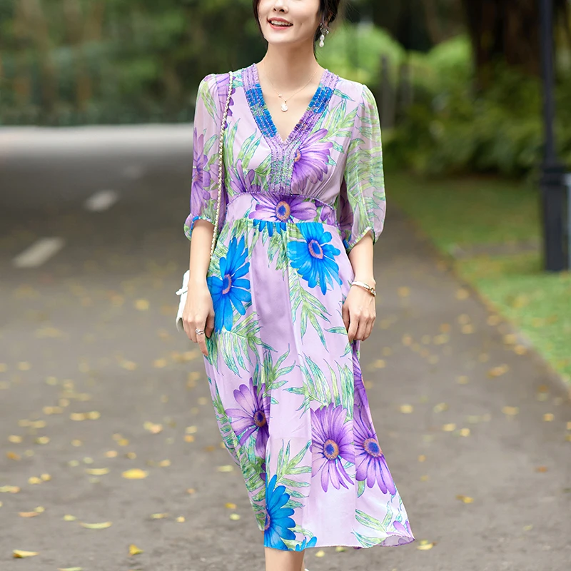 

Fashion Summer Dresses For Women 2024 Elegant Diamonds V-neck High Waist Purple Floral Print 100% Real Silk Women's Long Dress