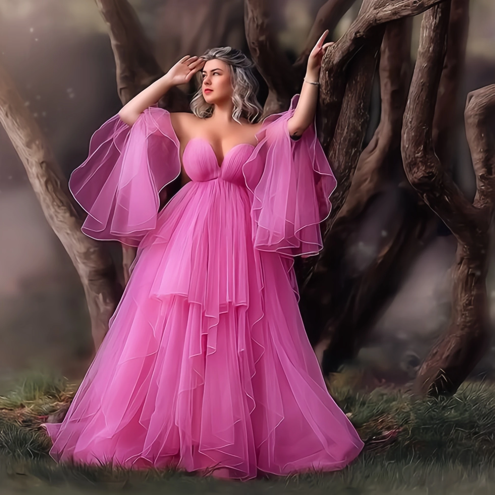 

Pretty Pink Maternity Dresses for Photoshoot Tulle Tiered Pregnant Prom Gowns Photo Shoot Dresses Women Baby Shower Robes