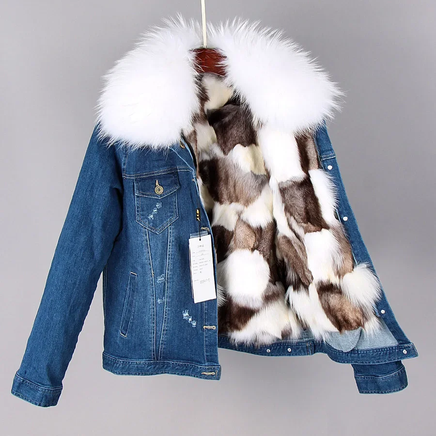MAOMAOKONG Parka Coat Women 2023 Natural Raccoon Fur Collar Jacket Real Fox Fur Liner Short Denim Jacket Fashion Bomber Winter