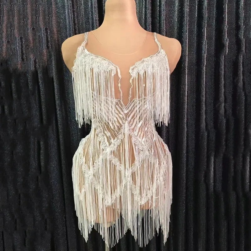 

Women Sexy White Sequins Fringe Transparent Short Dress Dancer Mesh Stage Performance Costume Birthday Celebrate Prom Outfit