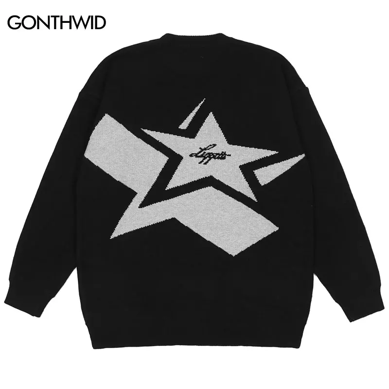 Men Knitted Sweater Y2K Vintage Harajuku Star Letter Jumper Sweaters Streetwear 2023 Autumn Hip Hop Fashion Retro Loose Pullover