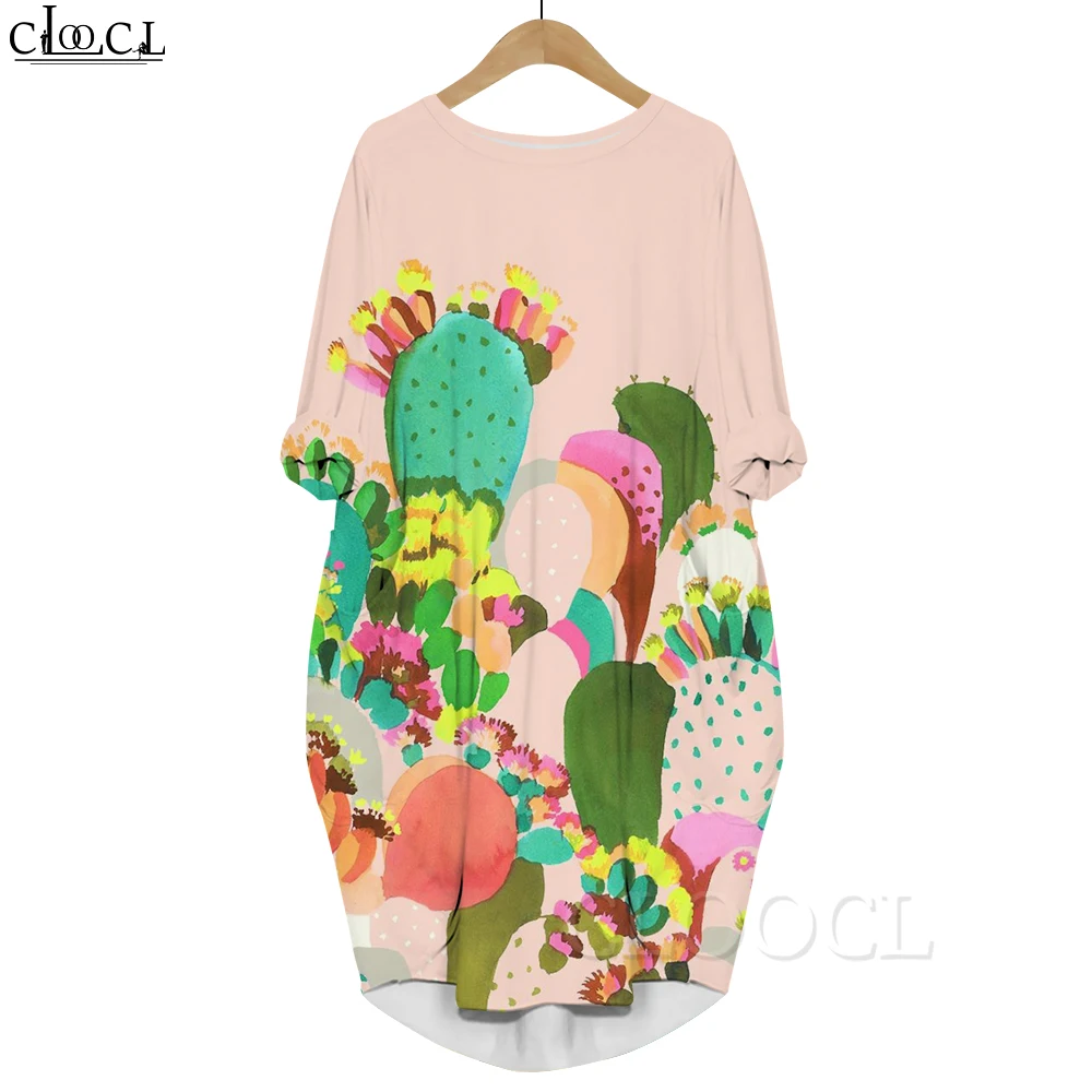 

CLOOCL Autumn Casual Dress Watercolor Cactus 3D Printed Loose Long Sleeves Dress Women Pocket Dresses Female Fashion Clothes