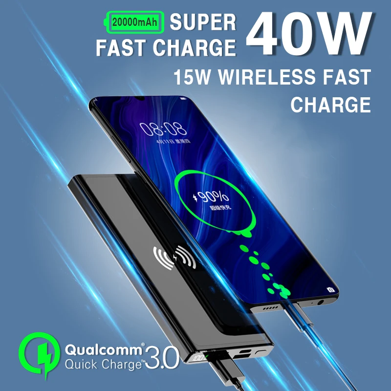 40w Super Fast Charging Large Capacity 20000 mAh 15W Wireless Charging Two-way Fast Charging Digital Display External Battery powerbank 40000mah