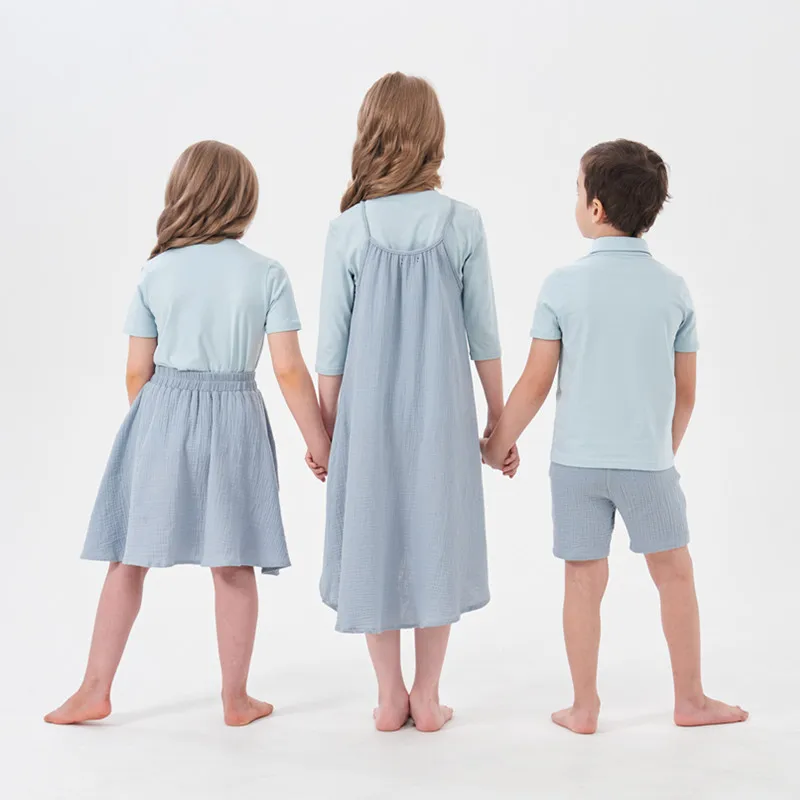 Ensemble haut et jupe en mousseline pour enfants, vêtements décontractés assortis pour la famille, garçons et filles, printemps et été