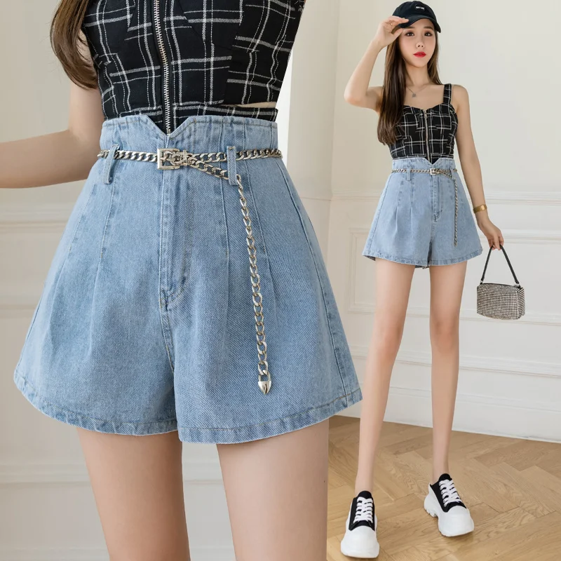 

Korean high Summer waist and thin fashion chain with wide leg loose casual denim shorts women's reduced age wide leg hot pants